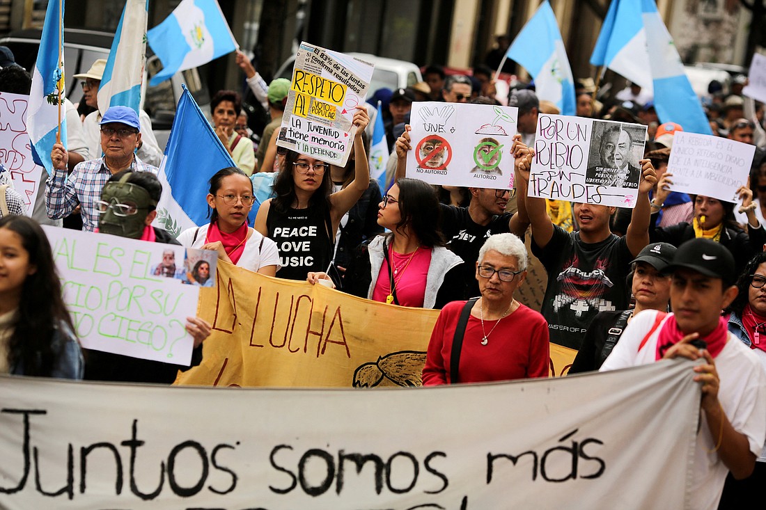 Demonstrators march toward the Supreme Electoral Tribunal in Guatemala City, July 8, 2023, demanding authorities to respect the voting results of the first round of Guatemala's presidential election. (OSV News photo/Josue Decavele, Reuters)