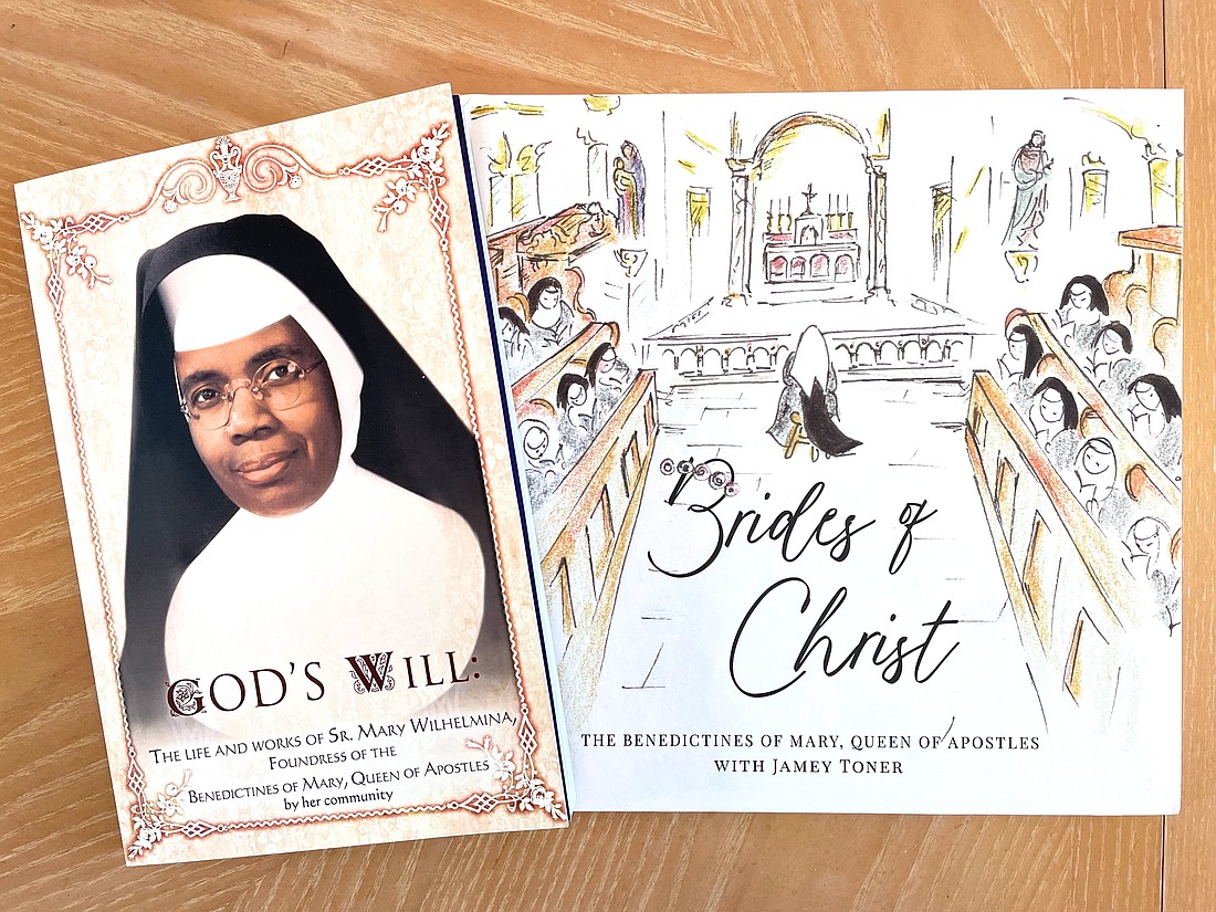 The covers of "God's Will: The Life and Works of Sr. Mary Wilhelmina" and "Brides of Christ," two new books written and published by the Benedictines of Mary, Queen of Apostles. (OSV News photo/Elizabeth Scalia)