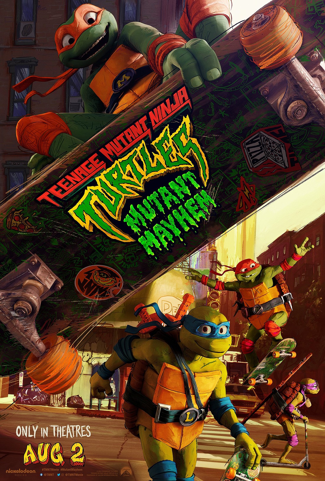 This is the publicity poster for the movie "Teenage Mutant Ninja Turtles: Mutant Mayhem.” The OSV News classification is A-II – adults and adolescents. The Motion Picture Association rating is PG-13 – parents strongly cautioned. Some material may be inappropriate for children under 13. (OSV News photo/Paramount)