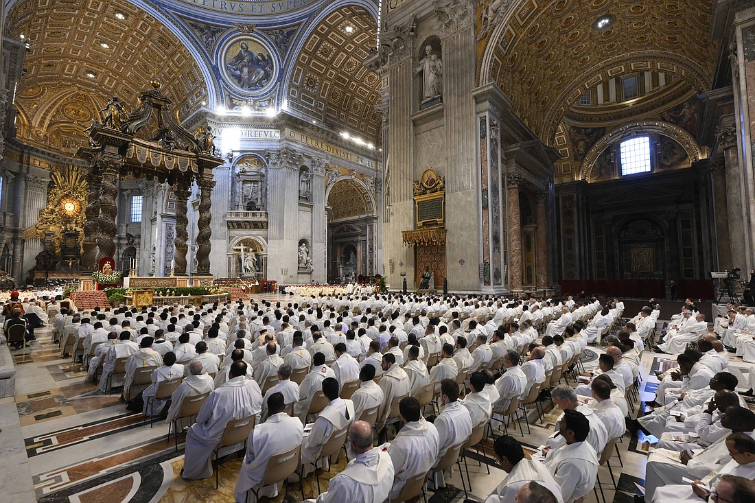 Some 1,800 priests concelebrate the chrism Mass with Pope Francis in St. Peter's Basilica at the Vatican April 6, 2023. (CNS photo/Vatican Media)