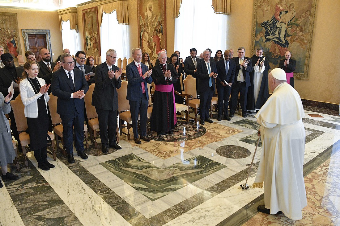 Pope Francis meets leaders from the tech industry at the Vatican March 27, 2023. The pope called for an "ethical and responsible" development of artificial intelligence. (CNS photo/Vatican Media)