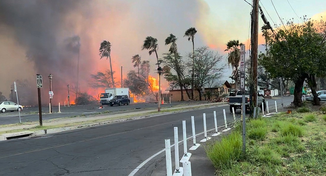 Smoke and flames rise in Lahaina, Hawaii, on the island of Maui  Aug. 8, 2023 in this still image from video obtained from social media. OSV News photo/Jeff Melichar, TMX via Reuters