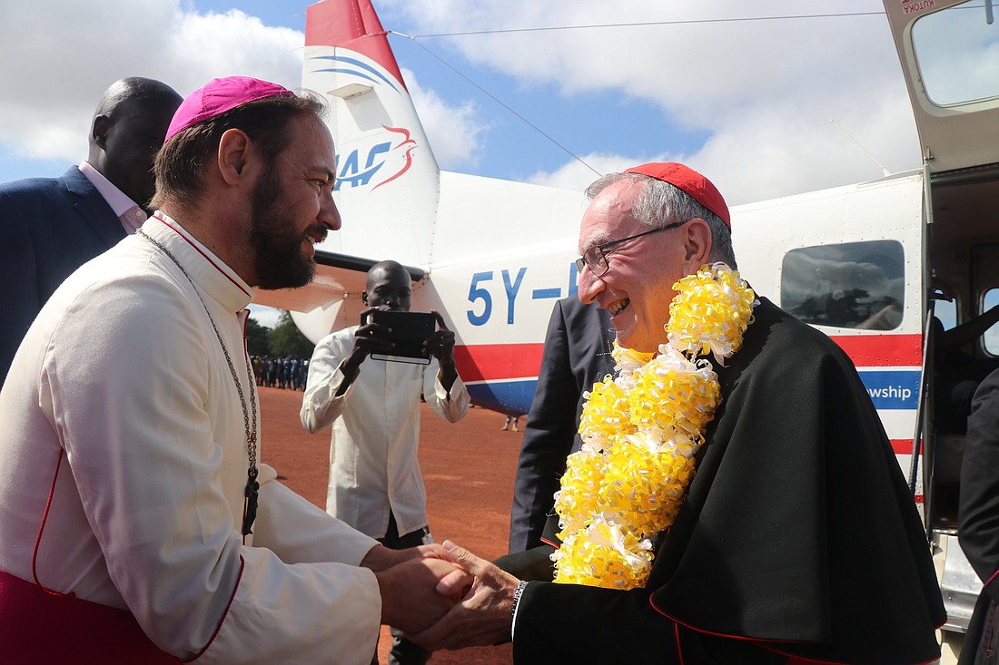 Cardinal Pietro Parolin, the Vatican's Secretary of State, visited South Sudan, the world's youngest nation, Aug. 14-17, 2023. He is welcomed in Rumbek, South Sudan, by Bishop Christian Carlassare. Pope Francis' top diplomat called on the people to unite for peace. (OSV News photo/Father Wanyonyi Eric Simiyu, courtesy Diocese of Rumbek)
