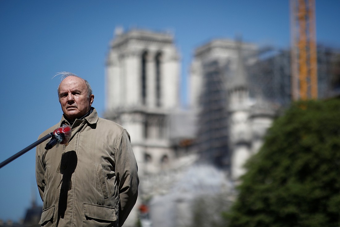 French Army Gen. Jean-Louis Georgelin, in charge of the Notre Dame Cathedral reconstruction, speaks to the media April 15, 2020. Georgelin, who was appointed by President Emmanuel Macron to oversee the reconstruction of the cathedral, died while hiking in the Pyrénées mountains Aug. 18, 2023. He is believed to have fallen on Mount Valier in southwest France and his body was recovered after he failed to appear at a checkpoint, The Guardian reported. He was 74. (OSV News photo/Benoit Tessier, Reuters).