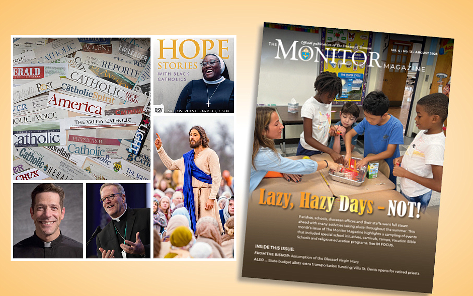 Varied sources of Catholic media are depicted in a collage featuring (clockwise from left) print publications, (Tyler Orsburn, CNS), Sr. Josephine Garrett, (courtesy Sr. Garrett), a scene from "The Chosen" television series (courtesy Vidangel Studios), Bishop Robert Barron (Bob Roller) and Father Mike Schmitz (courtesy Ascension). Trenton Monitor Magazine (OSV News photo/Files)