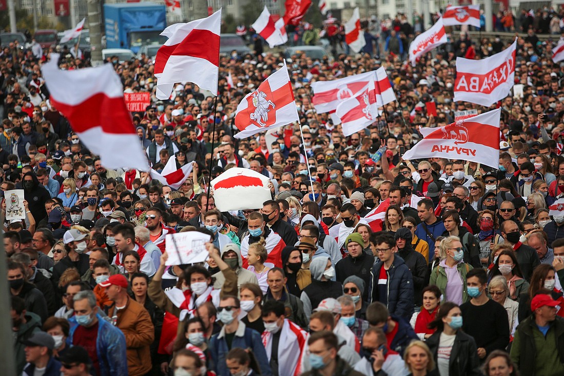 Demonstrators are pictured in August 2020 in Minsk, Belarus, protesting presidential election results and demanding the resignation of Belarusian President Alexander Lukashenko and the release of political prisoners. (CNS photo/Reuters)