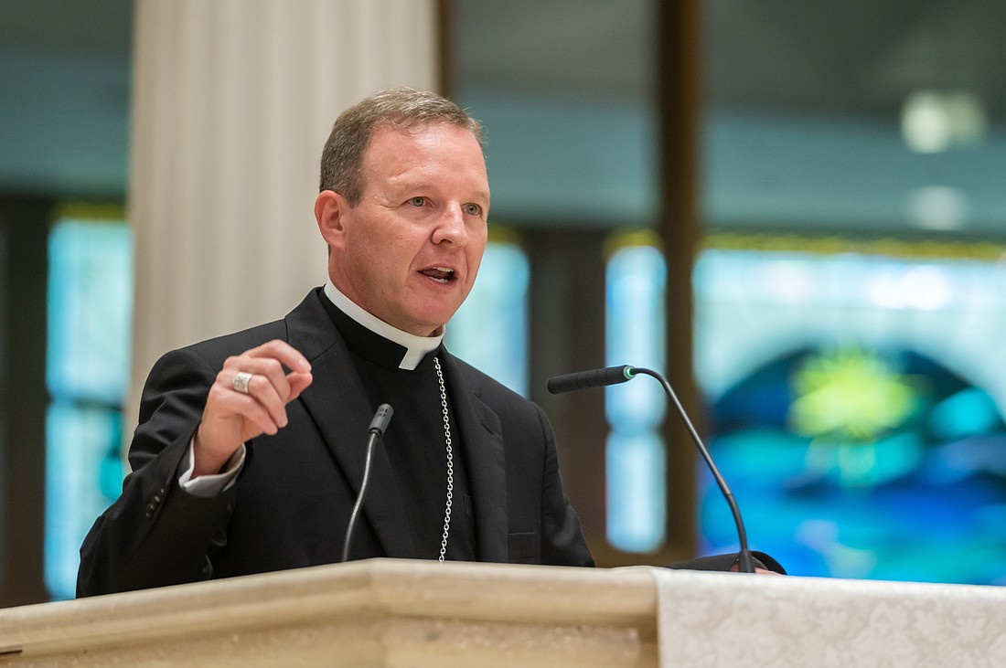 Bishop Erik T. Pohlmeier of St. Augustine, Fla., preaches from the pulpit June 10, 2023, during the diocese's Eucharistic Congress. (OSV News photo/Fran Ruchalski)