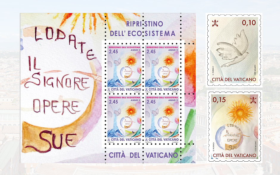 Vatican stamps based on a watercolor by Franciscan Father Giuseppe Murdaca, pastor of the Church of St. Francis of Assisi in Reggio Calabria, Italy, are part of a series drawing attention to the U.N. Decade on Ecosystem Restoration. The words, "Laudato il Signore Opere Sue" ("Praise the Lord, all his works"), are in the center of the painting. CNS photo/Vatican philatelic office