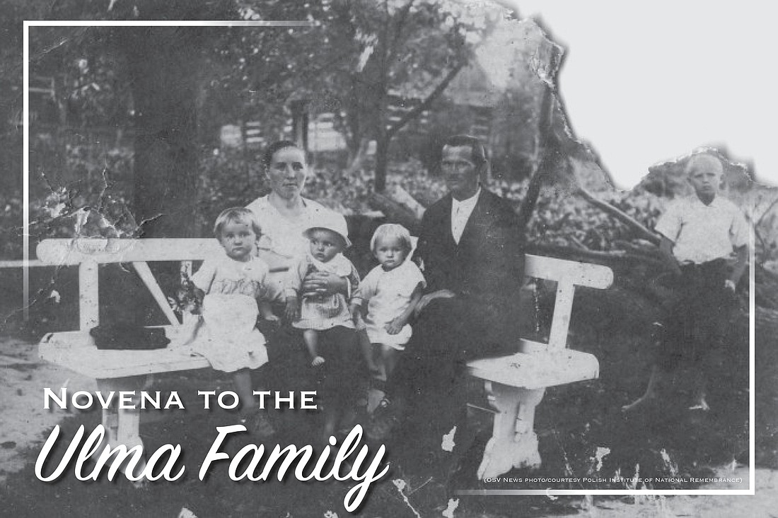 This is a graphic for the Ulma family. All seven children of the Ulma family, including an unborn baby, will be beatified with their parents Sept. 10, 2023, in Markowa, Poland. A novena reflecting on their life is underway Sept. 1-9. (OSV News graphic/courtesy Institute of National Remembrance)