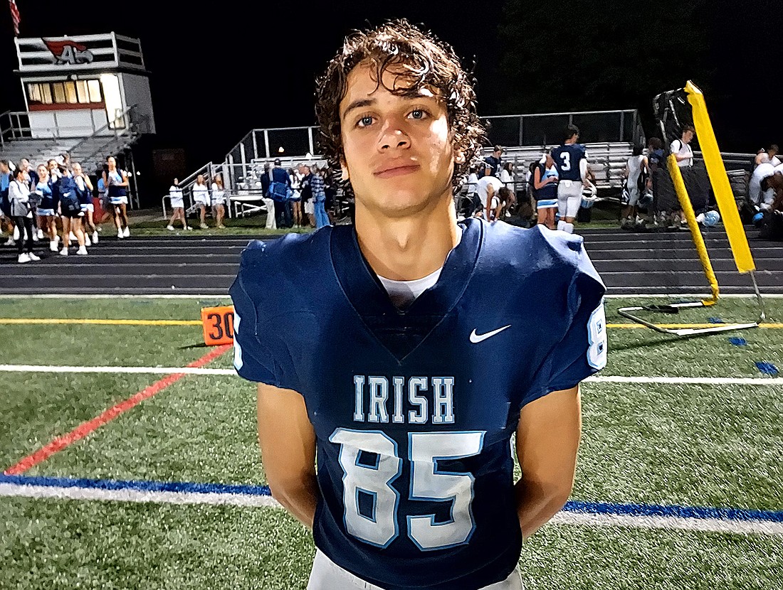 Junior receiver Wyatt Moore, a third generation participant in Notre Dame High football, stood tall after making 11 catches for 132 yards and a touchdown in the Irish's 55-45 win over Allentown Sep. 1. Rich Fisher photo
