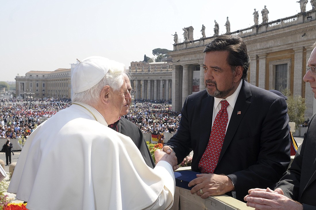 Then-New Mexico Gov. Bill Richardson greets Pope Benedict XVI during the pope's weekly general audience in St. Peter's Square at the Vatican April 15, 2009. Richardson, a Catholic, died in Chatham, Mass., Sept. 1, 2023, at age 75. He was U.S. ambassador to the United Nations and energy secretary in the Clinton administration. (OSV News photo/L'Osservatore Romano via Reuters)