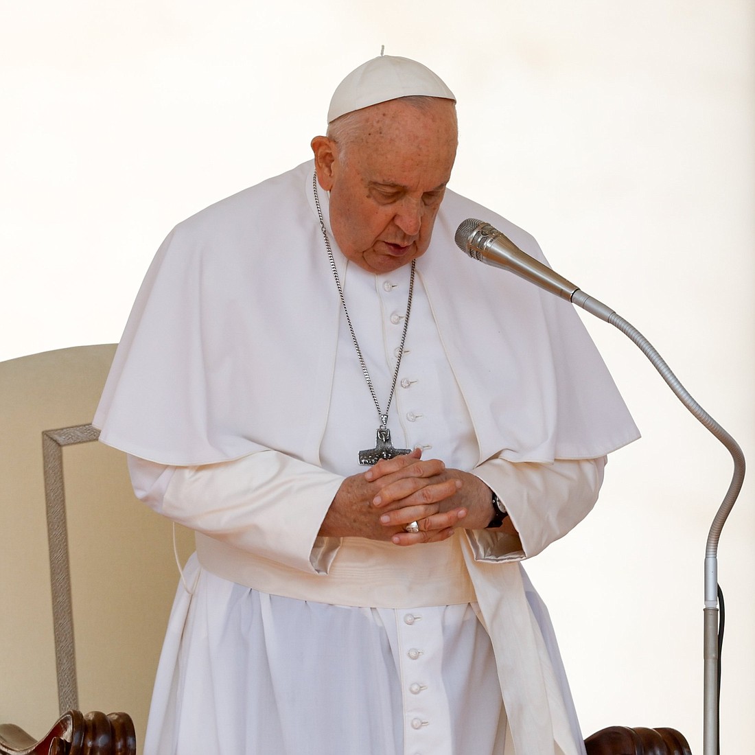 Pope Francis prays at the end of his weekly general audience in St. Peter's Square at the Vatican Sept. 13, 2023. (CNS photo/Lola Gomez)