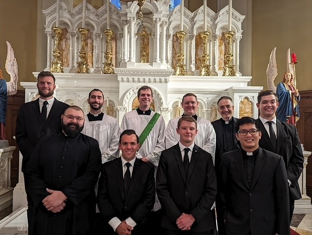 Father Pablo Gadenz, a priest of the Diocese of Trenton and faculty member at Mount St. Mary Seminary, Emmitsburg, Md., back row, second from right, is shown with seminarians from the Diocese. In back row from left are, Tom Gorman, Nick Alescio, Rev. Mr. Wynne Kerridge, Alan Bridges and Andrew Lewandowski. In front row are Pawel Derkacz, Nick Bruno, Brian Leonard and Benedict Quiambao. Staff photo