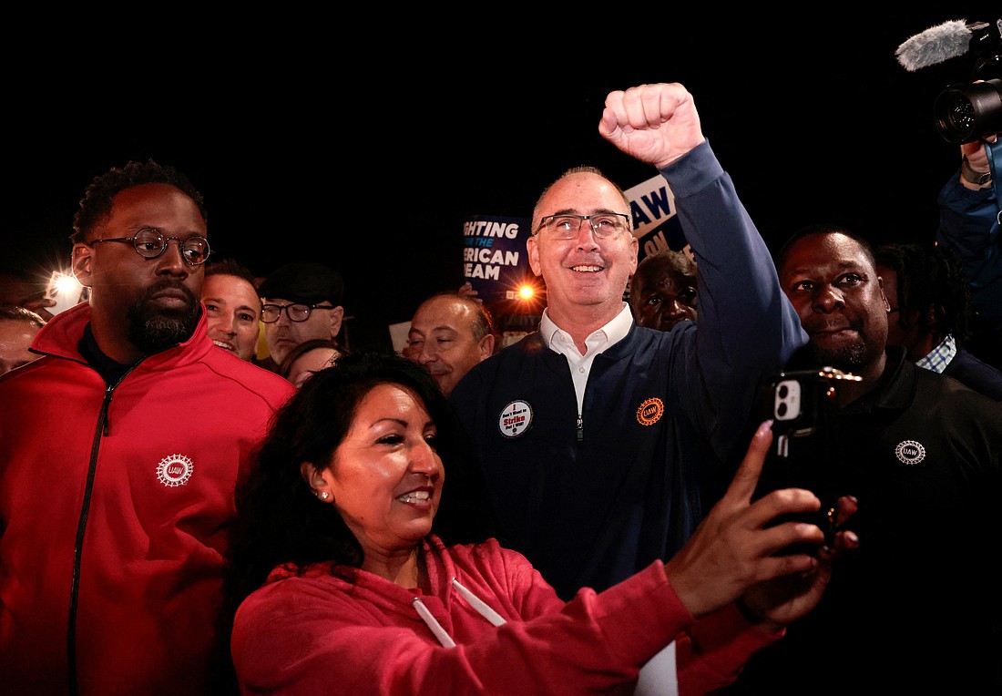 United Auto Workers union President Shawn Fain joins striking UAW members on the picket line at the Ford Michigan Assembly Plant in Wayne, Mich., Sept. 15, 2023. (OSV News photo/Rebecca Cook/Reuters)