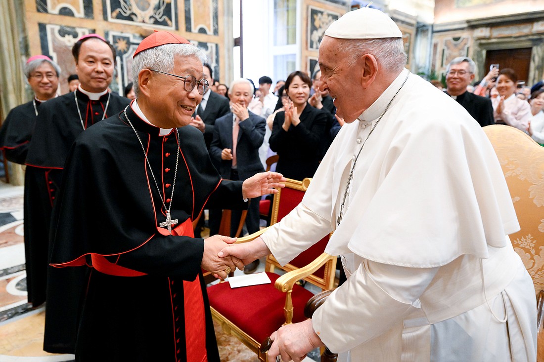 Pope Francis meets with South Korean Cardinal Lazarus You Heung-sik, prefect of the Dicastery for the Clergy, during an audience commemorating the anniversary of the martyrdom of St. Andrew Kim Taegon at the Vatican Sept. 16, 2023. (CNS photo/Vatican Media)