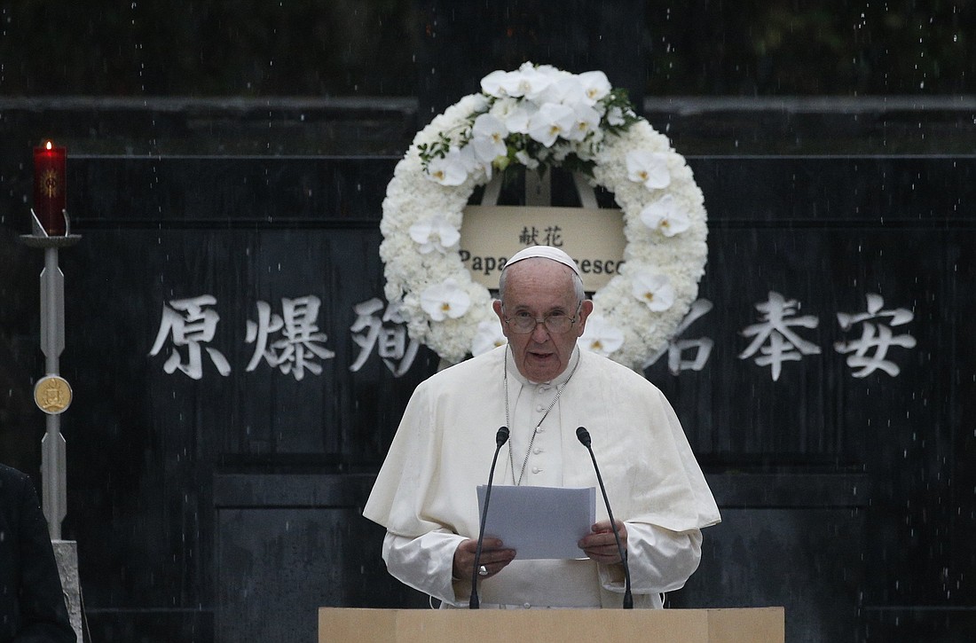 Pope Francis delivers a message about nuclear weapons at Atomic Bomb Hypocenter Park in Nagasaki, Japan, in this Nov. 24, 2019, file photo. (CNS photo/Paul Haring)