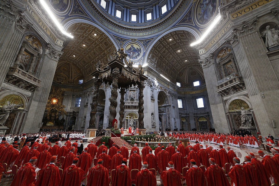 In this file photo, before entering the conclave, cardinals concelebrate Mass for the election of the Roman pontiff in St. Peter's Basilica at the Vatican March 12, 2013. (OSV News photo/Paul Haring, CNS)