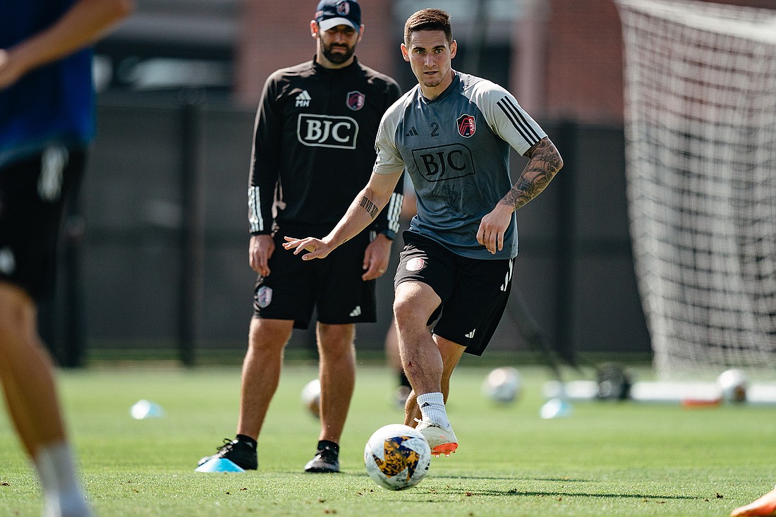 Jake Nerwinski, right, and his team St. Louis CITY SC prepare for their upcoming home match against the LA Galaxy at the Washington University Orthopedics High Performance Center in St. Louis, MO on Tuesday Sept. 06.