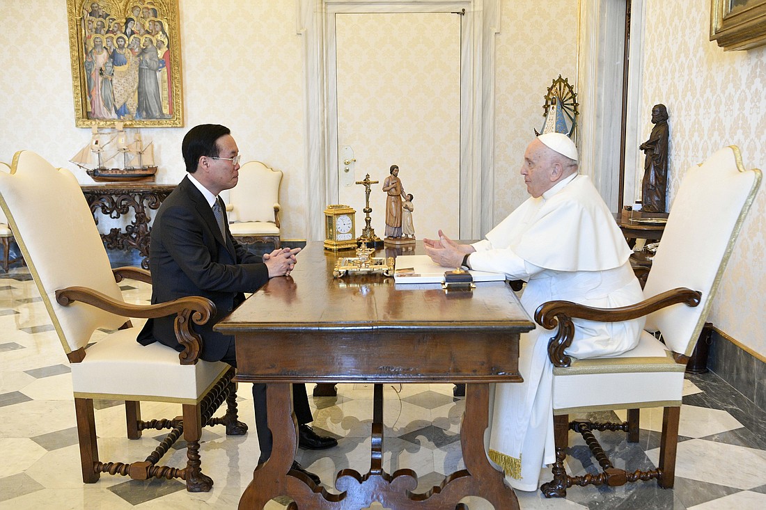 Pope Francis meets with Vietnamese President Vo Van Thuong at the Vatican July 27, 2023. The Vatican announced after the meeting that Vietnam will allow a papal representative to reside in the country and open an office there. (CNS photo/Vatican Media)
