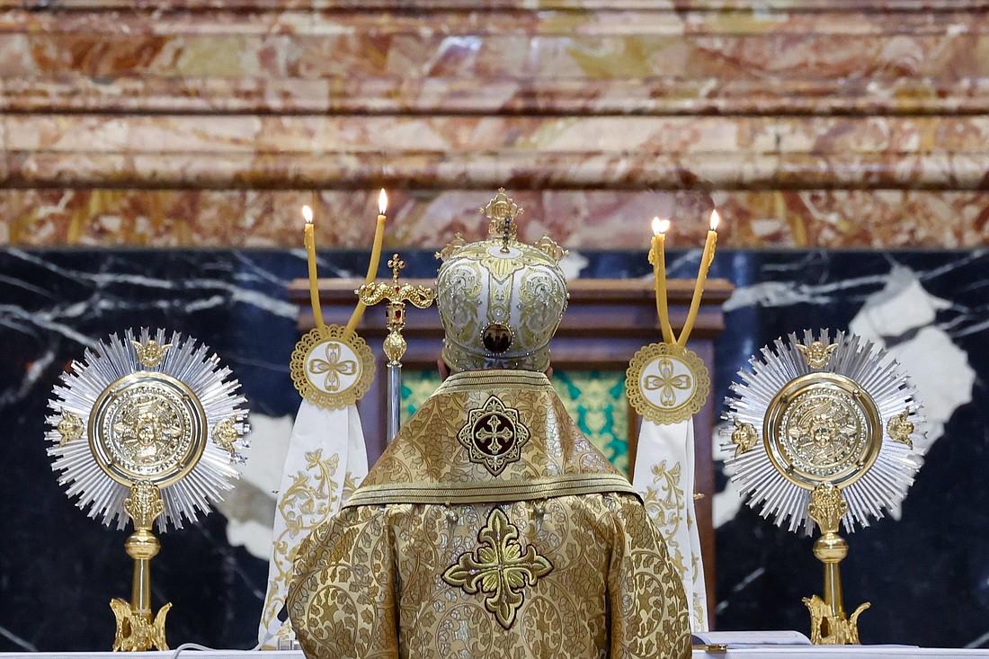 Melkite Catholic Patriarch Joseph Absi stands at the Altar of the Chair in St. Peter's Basilica for the celebration of a Byzantine Divine Liturgy as part of the assembly of the Synod of Bishops at the Vatican Oct. 9, 2023. (CNS photo/Lola Gomez)