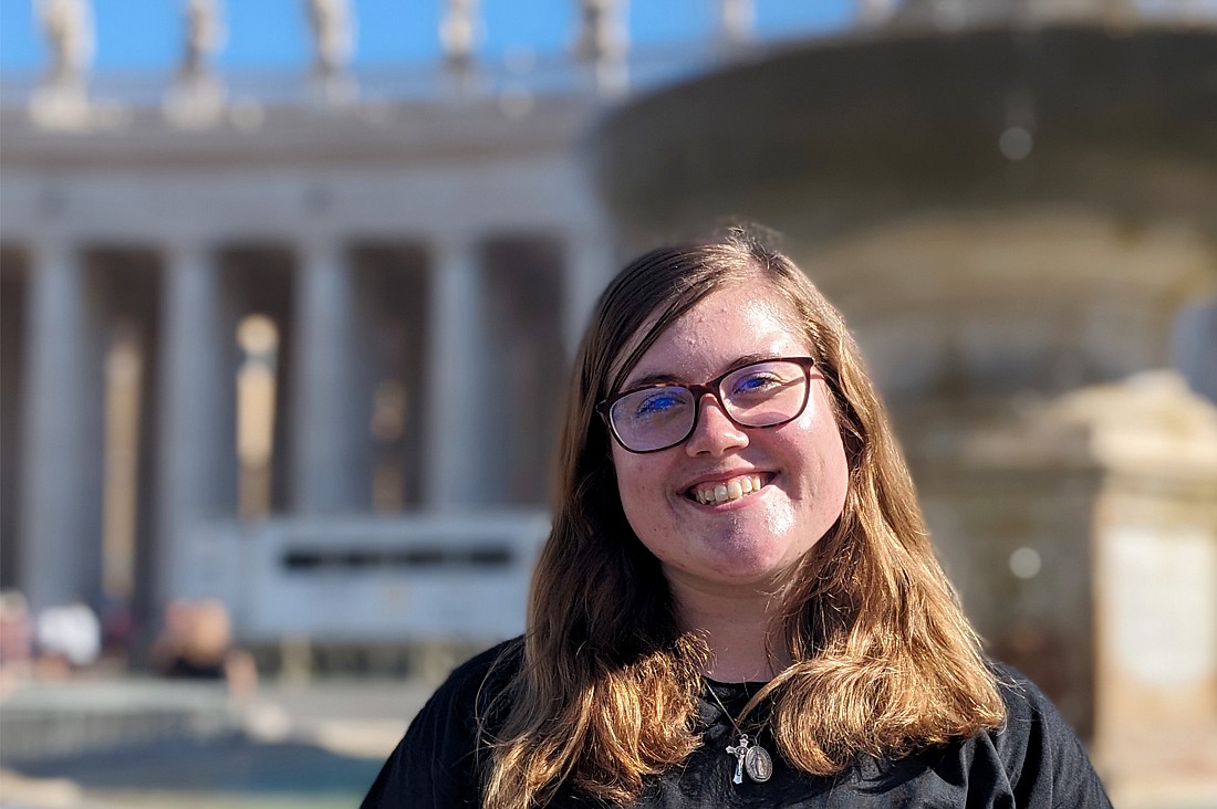 Elise Stankus, a parishioner of Our Lady of Good Counsel Parish, West Trenton, and a student in Rosemont College, Rosemont, Pa., is shown during her visit to Rome where she attended the opening of the general session of the Synod of Bishops on synodality. Courtesy photo