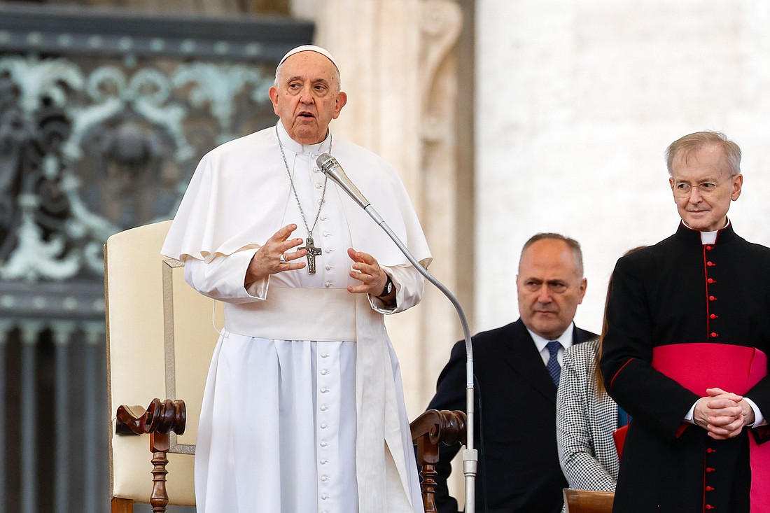 Pope Francis begins his weekly general audience in St. Peter's Square at the Vatican Oct. 25, 2023. (CNS photo/Lola Gomez)