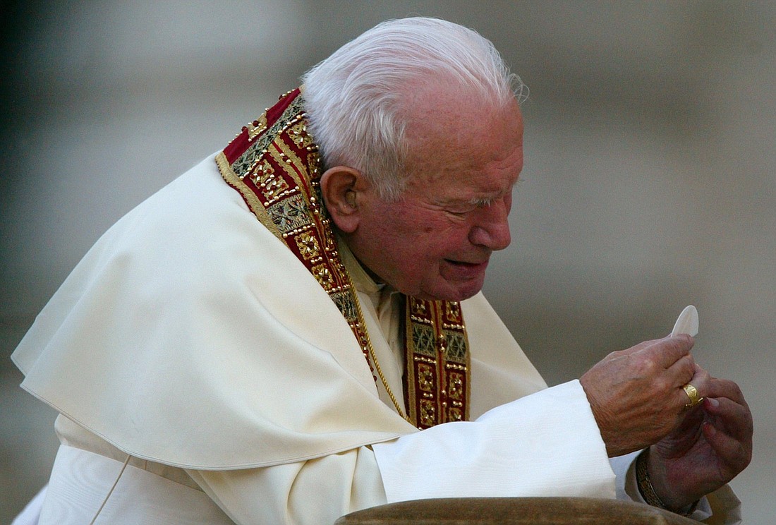 Pope John Paul II holds the host during Mass in the Lateran Basilica in this file photo dated June 19, 2003. (OSV News photo/Max Rossi, Reuters)