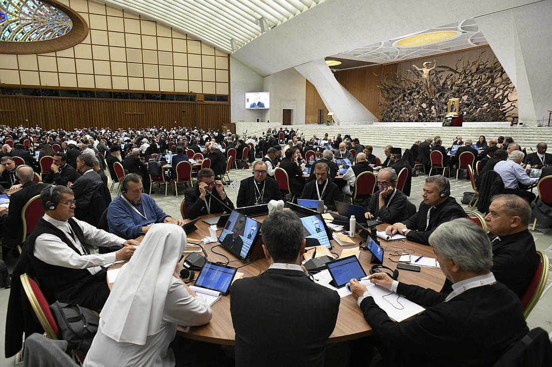 Participants in the assembly of the Synod of Bishops meeting in the Paul VI Audience Hall at the Vatican Oct. 25, 2023. (CNS photo/Vatican Media)