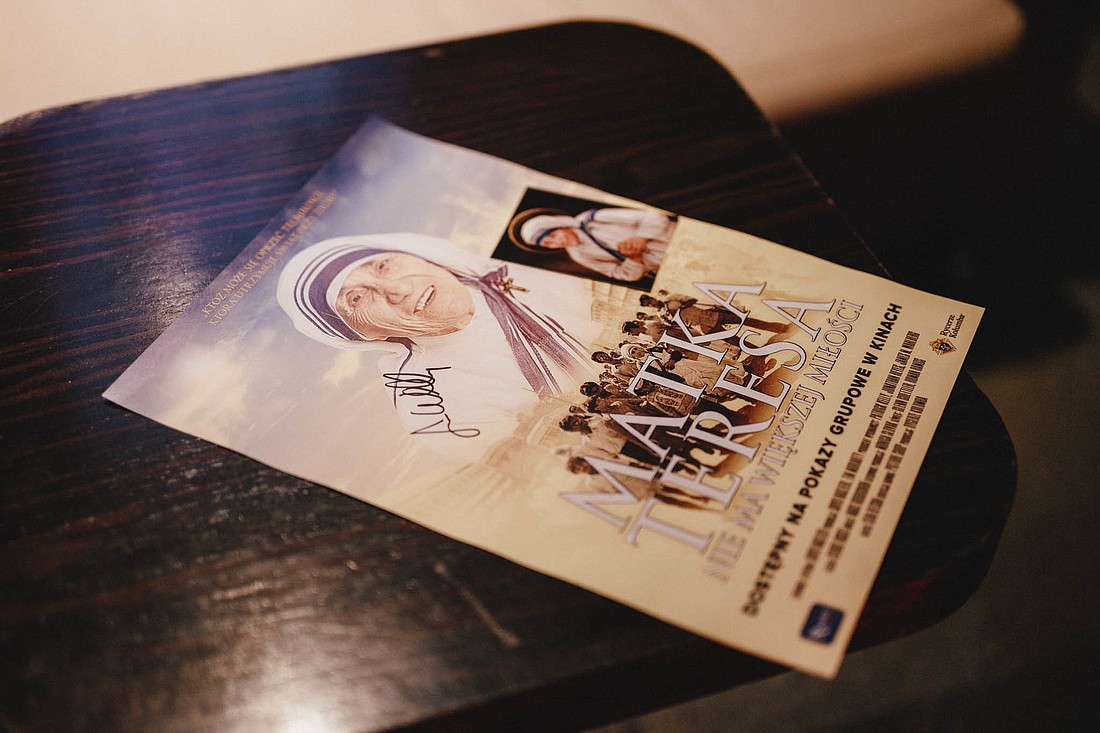 A poster of the film "Mother Teresa: No Greater Love," produced with the Knights of Columbus, is displayed in Radom, Poland, Oct. 19, 2023, during the documentary's Polish premiere. The film commemorated the 25th anniversary of the death of one of the world's favorite saints, but the film also provides an exploration of her long-lasting legacy, and producers traveled the world to show it. (OSV News photo/Sebastian Nycz, courtesy Knights of Columbus).