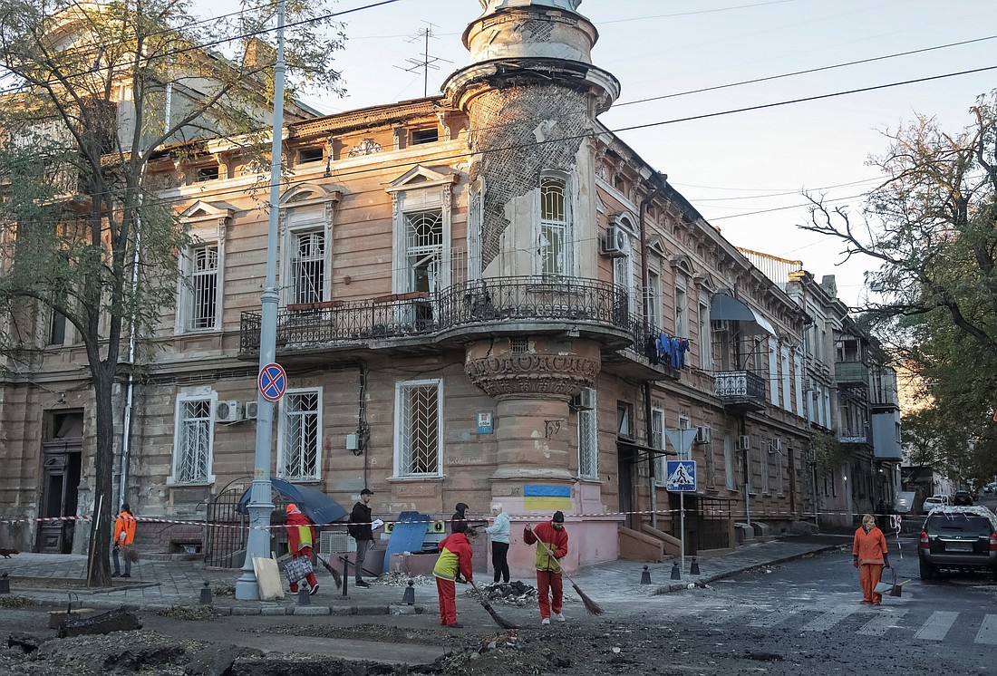 Municipal workers clean an area at the site of a Russian missile strike amid Russia's attack on Ukraine, in Odesa, Ukraine, Nov. 6, 2023. Ukraine's Secret Service announced suspicion against Russian Orthodox Patriarch Kirill of Moscow, who, it said, "blessed the racists to kill Ukrainians." (OSV News photo/Nina Liashonok, Reuters)