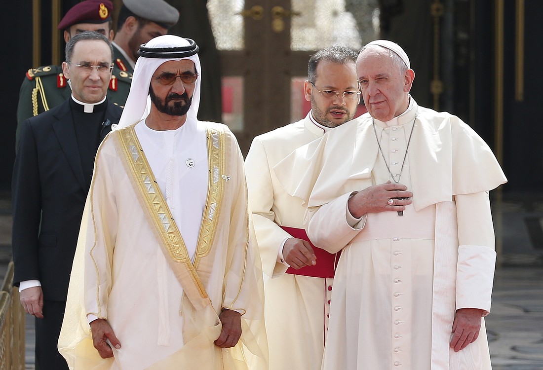 Pope Francis attends a welcoming ceremony with Sheik Mohammed bin Rashid Al Maktoum, vice president and prime minister of the United Arab Emirates and ruler of Dubai, at the entrance to the presidential palace in Abu Dhabi, United Arab Emirates, Feb. 4, 2019. (CNS photo/Paul Haring) See POPE-UAE-DIALOGUE Feb. 4, 2019.