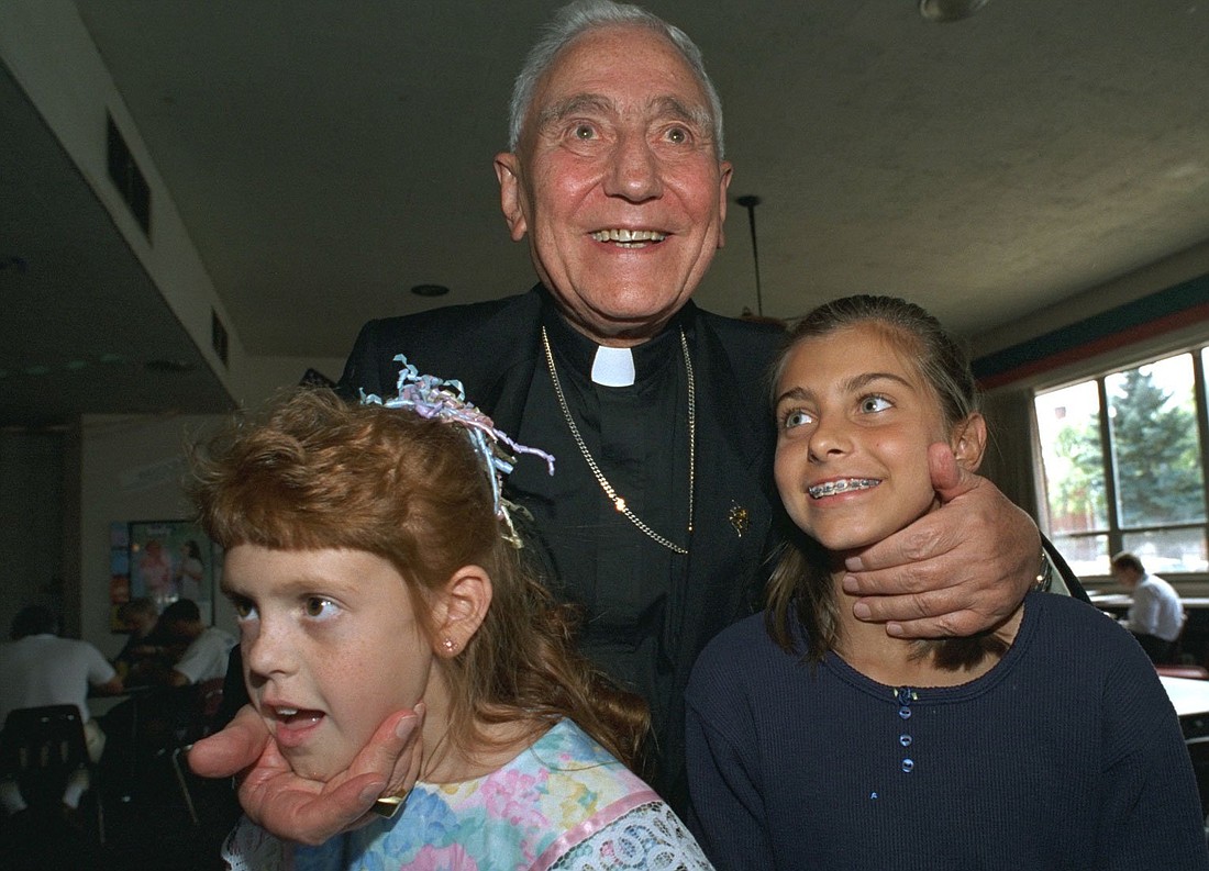 Cardinal Eduardo Pironio, who died Feb. 5, 1998, is shown with young people at World Youth Day in 1993 in Denver. In the year of World Youth Day Lisbon, hopes grow to beatify Cardinal Pironio, organizer of World Youth Day in Buenos Aires, declared venerable by Pope Francis in 2022. (OSV News photo/CNS file, Michael Edrington)