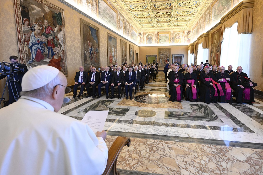 Pope Francis speaks to members of the Equestrian Order of the Holy Sepulchre of Jerusalem in the Apostolic Palace at the Vatican Nov. 9, 2023. (CNS photo/Vatican Media)