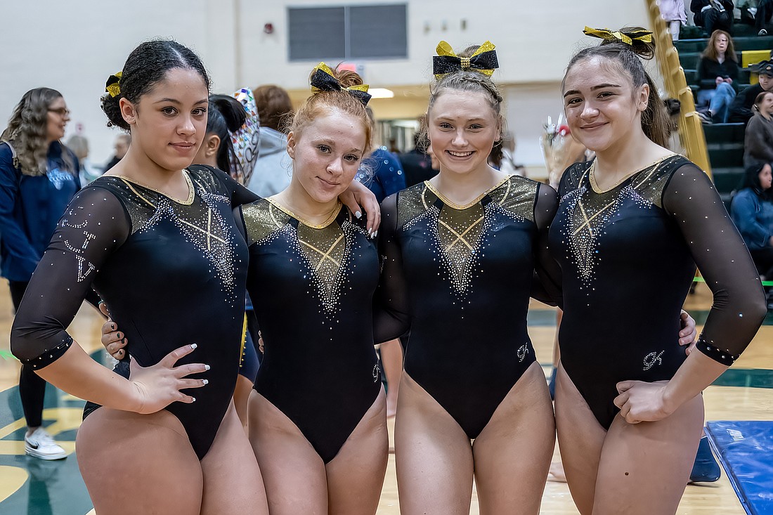 Shown are the four gymnasts from St. John Vianney High School, Holmdel, who competed in the Individual State Championships Nov. 11 in Brick Memorial High School. From left: Dayton Stringer, Kate DeSimone, Christina Fallon and Giovannina Beltra. Hal Brown photo
