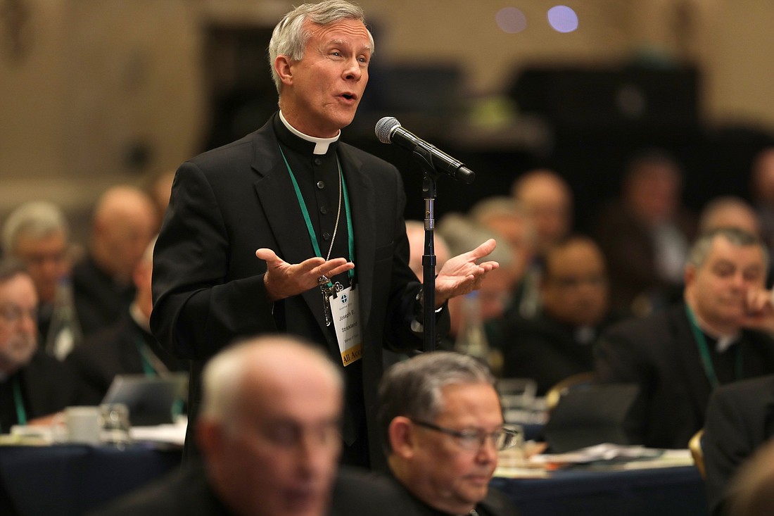 File photo of Bishop Joseph E. Strickland of Tyler, Texas, speaking from the floor during the fall general assembly of the U.S. Conference of Catholic Bishops in Baltimore Nov. 11, 2019. The Holy See Press Office announced Nov. 11, 2023, that Pope Francis has "relieved" Bishop Strickland from the pastoral governance of the Diocese of Tyler. (OSV News photo/CNS file photo, Bob Roller)