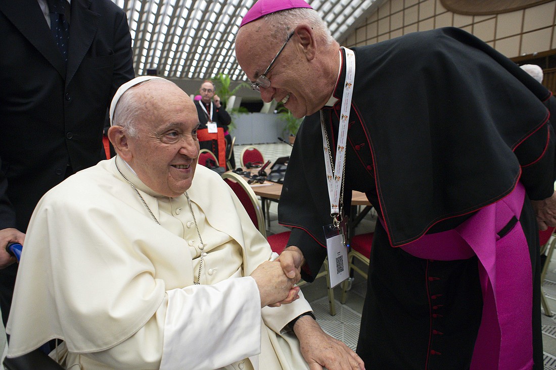 Pope Francis greets Bishop Kevin C. Rhoades of Fort Wayne-South Bend, Ind., Oct. 10, 2023, in Paul VI Audience Hall at the Vatican during the assembly of the world Synod of Bishops. (OSV News photo/Vatican Media/CPP)....