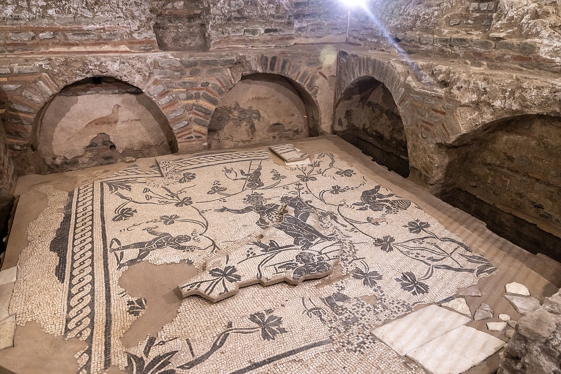 A burial chamber with a mosaic floor and frescoes painted under the arches is seen in the Via Triumphalis Necropolis at the Vatican Nov. 14, 2023. (CNS photo/Pablo Esparza)