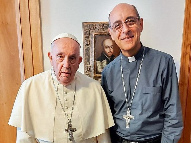 Cardinal Víctor Manuel Fernández, appointed prefect of the Dicastery for the Doctrine of the Faith by Pope Francis July 1, 2023, is pictured with Pope Francis at the Vatican June 30, 2023. (CNS photo/Archbishop Víctor Manuel Fernández Twitter page)