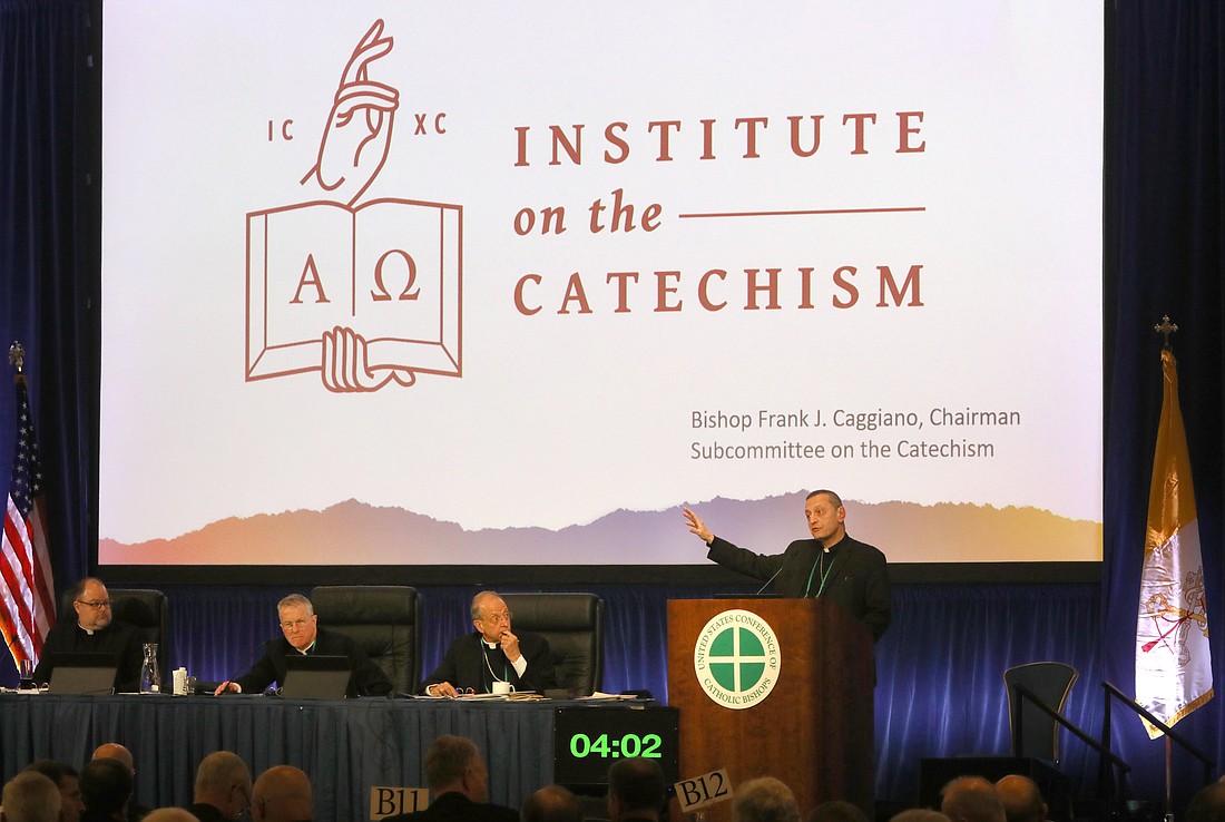 Bishop Frank J. Caggiano of Bridgeport, Conn., speaks during a Nov. 15, 2023, session of the fall general assembly of the U.S. Conference of Catholic Bishops in Baltimore. (OSV News photo/Bob Roller)