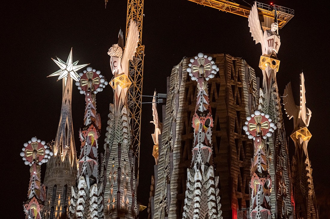 Sagrada Familía in Barcelona, Spain, lights the four towers of the Evangelists for the first time Nov. 14, 2023. Archbishop Bernardito Auza, papal nuncio to Spain, blessed the towers of the famous basilica Nov. 12. They were created by Antonio Gaudí, a legendary Catalan architect, started working on the now-iconic basilica 140 years ago. Five generations now have watched the temple's progress. (OSV News photo/Pep Daude, Sagrada Familia, Handout via Reuters)