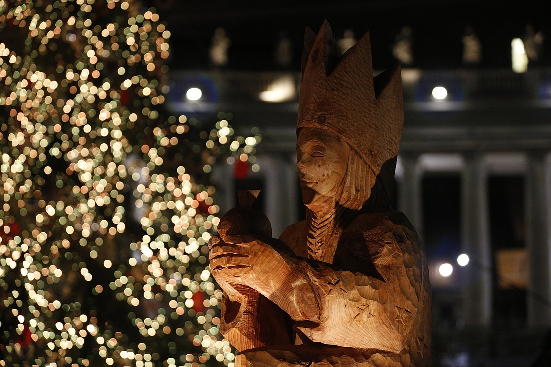 The figure of one of the Three Kings is seen as the the Nativity scene and Christmas tree decorate St. Peter's Square after a lighting ceremony at the Vatican Dec. 3, 2022. (OSV News photo photo/Paul Haring, CNS)