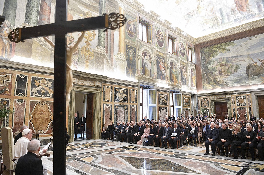 Pope Francis speaks to members of several groups of Italian Catholic journalists and media professionals in the Clementine Hall of the Apostolic Palace at the Vatican Nov. 23, 2023. (CNS photo/Vatican Media)