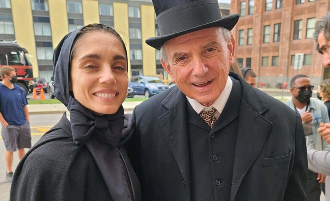 Msgr. Paul Bochicchio, a priest in residence at St. Francis Church in Hoboken, N.J., is pictured in an undated photo with Cristiana Dell'Anna who plays Mother Cabrini in the upcoming film "Cabrini," produced by Angel Studios about the life and ministry of St. Frances Xavier Cabrini, set to debut in theaters in March 2024. Msgr. Bochicchio is a script adviser and spiritual consultant for the film. (OSV News photo/courtesy Msgr. Bochicchio)..