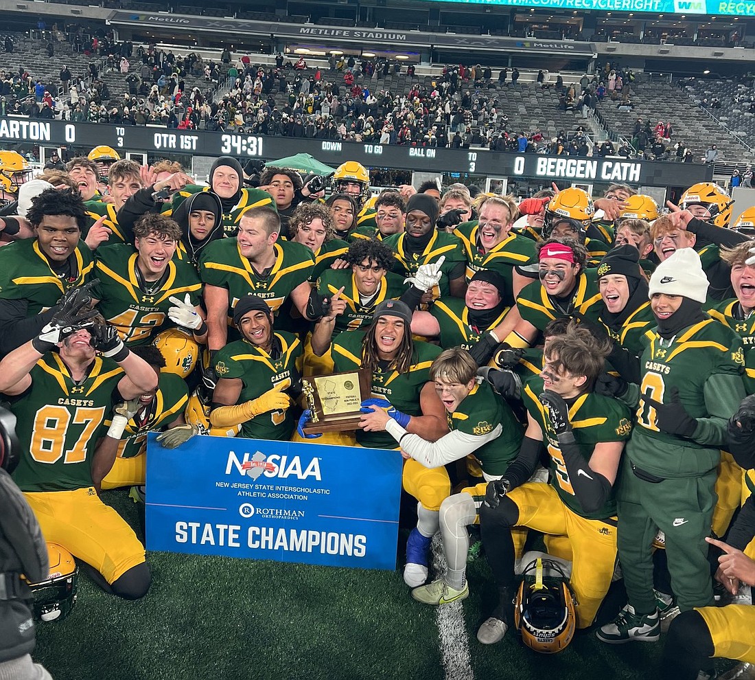 The Red Bank Catholic football team celebrates their NJSIAA Non-Public B championship Nov. 28 after taking a 14-7 victory over DePaul in the state playoff title game at MetLife Stadium in East Rutherford. Photo from twitter