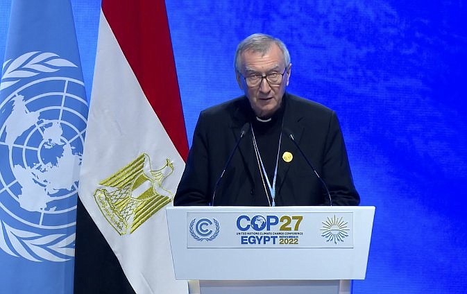 In this file photo, Cardinal Pietro Parolin, Vatican secretary of state, addresses COP27, the 27th Conference of the Parties of the U.N. Framework Convention on Climate Change, in Sharm el-Sheikh, Egypt, Nov. 8, 2022. (CNS screenshot/UNFCCC)