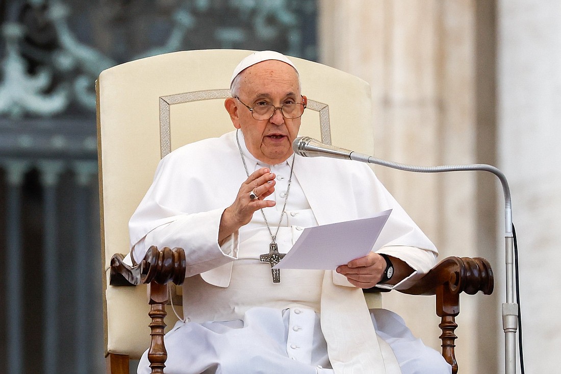 Pope Francis speaks to visitors during his weekly general audience in St. Peter's Square at the Vatican Oct. 25, 2023. (CNS photo/Lola Gomez)