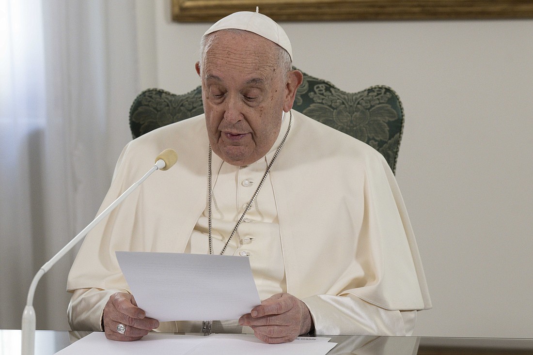 Pope Francis leads the recitation of the Angelus prayer Dec. 3, 2023, from his Vatican residence, the Domus Sanctae Marthae. (CNS photo/Vatican Media)