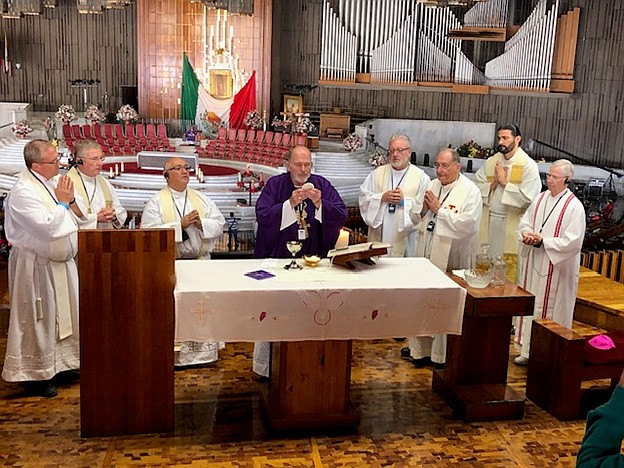 Bishop David M. O'Connell celebrates Mass with priests of the Diocese during the Diocesan pilgrimage to the Our Lady of Guadalupe Basilica Shrine in Mexico. Photo courtesy of Bishop O'Connell