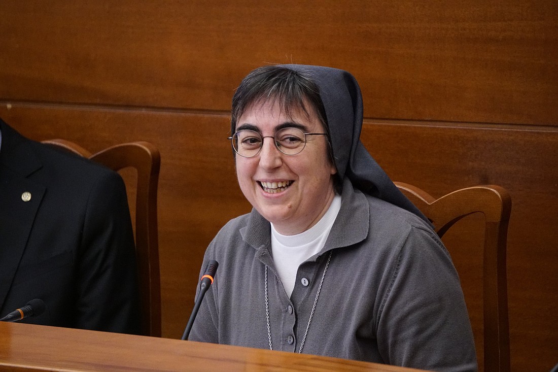 Salesian Sister Alessandra Smerilli, secretary of the Dicastery for Promoting Integral Human Development, speaks during a conference on St. John XXIII's encyclical "Pacem in Terris" ("Peace on Earth") at Rome's Pontifical Lateran University May 11, 2023. (CNS photo/Justin McLellan)