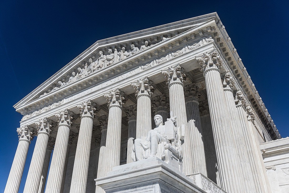 In this undated file photo, James Earle Fraser's statue "The Authority of Law" sits at the entrance to the U.S. Supreme Court in Washington. (OSV News photo/Mark Thomas, Pixabay)